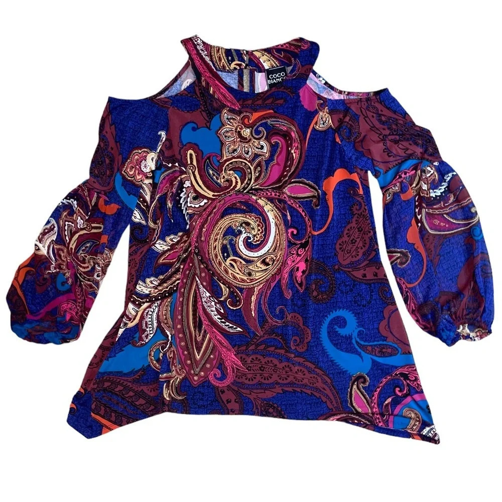 Coco Bianco Cold Shoulder Paisley Tunic Top 3/4 Sleeve Women’s Size Small Boho